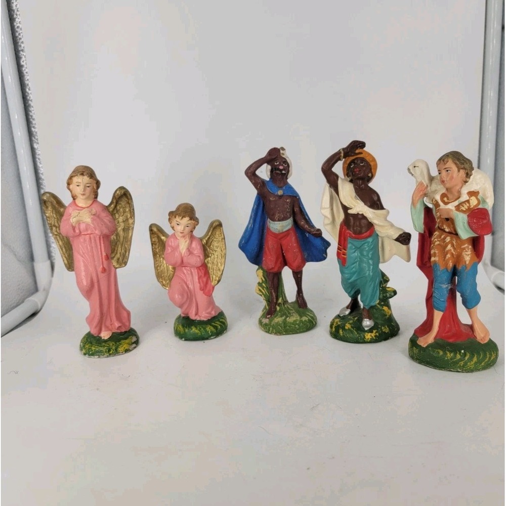 VTG Nativity Figures Stamped Made In ITALY Paper Mache Creche Chalk Set 5 50-60s